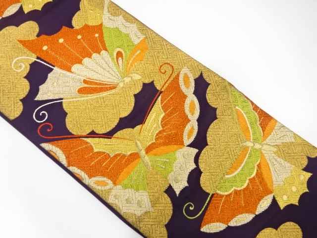 JAPANESE KIMONO / ANTIQUE FUKURO OBI / SILK / WOVEN CLOUD & BUTTERFLY